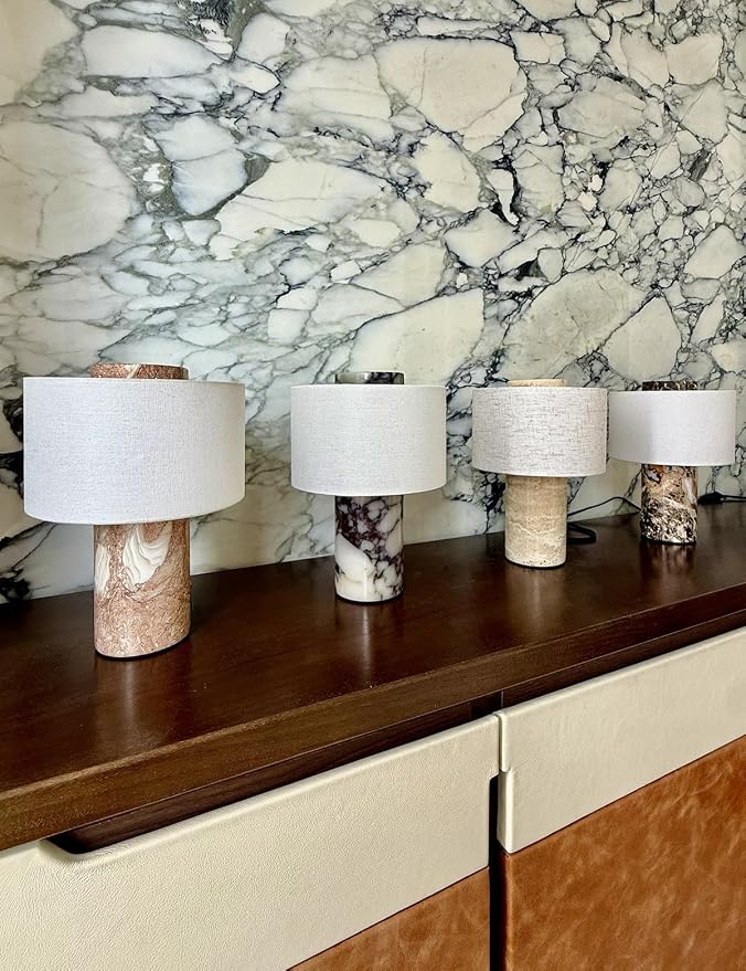 BSOD Pink Shell Marble Lamp Stone Lamps - Fossil Marble Table Bedside Cordless Luxury Cute Design Bedside Lamp for Home Decor, Bedroom, Living Room & Gifts (Rechargeable Pink Lumachella Lamp)