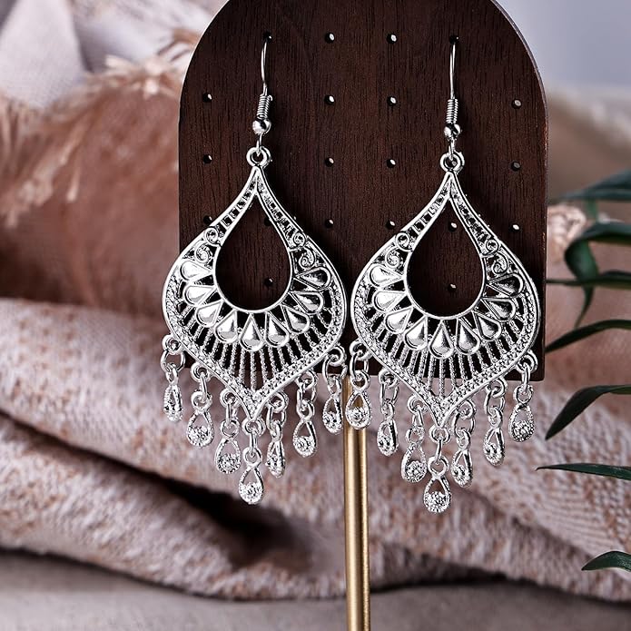 Silver 14K Gold & Rose Gold Plated Boho Chandelier Earrings – Intricate Bohemian Earrings with Filigree and Tassel Earrings for Women Trendy