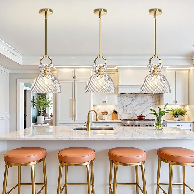 Gold Pendant Light Kitchen Island with 9.84'' Striped Glass Shade | Modern Pendant Lighting Over Sink, Adjustable Hanging Ceiling Light, E26 Dimmable Hardwired for Dining Room Hallway, 1-Pack