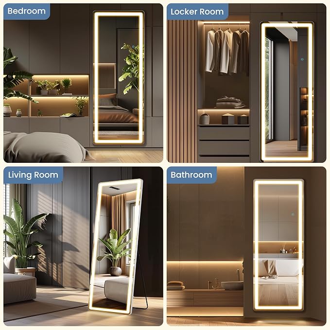 21"x64" LED Full Length Mirror with Stand, Full Body Wall Mirror | LED Lights 3 Color Lighting, Wall Hanging or Leaning, Floor Standing, Modern Simple Home Wall Decor