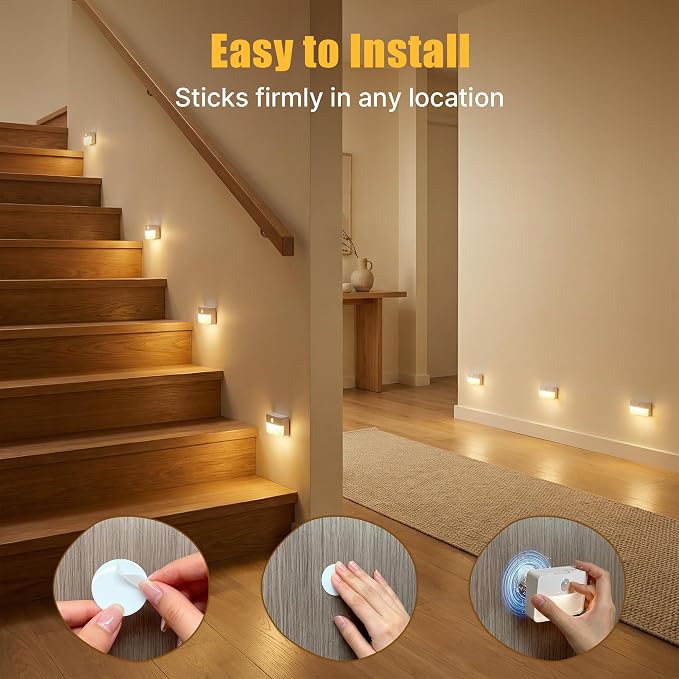 6 Pack Rechargeable Stair Lights Indoor, Motion Sensor Night Light | Automatic Activated, Magnetic, Battery Operated LED Wireless Lamp for Step Toilet Hallway Under Cabinet Closet Wall