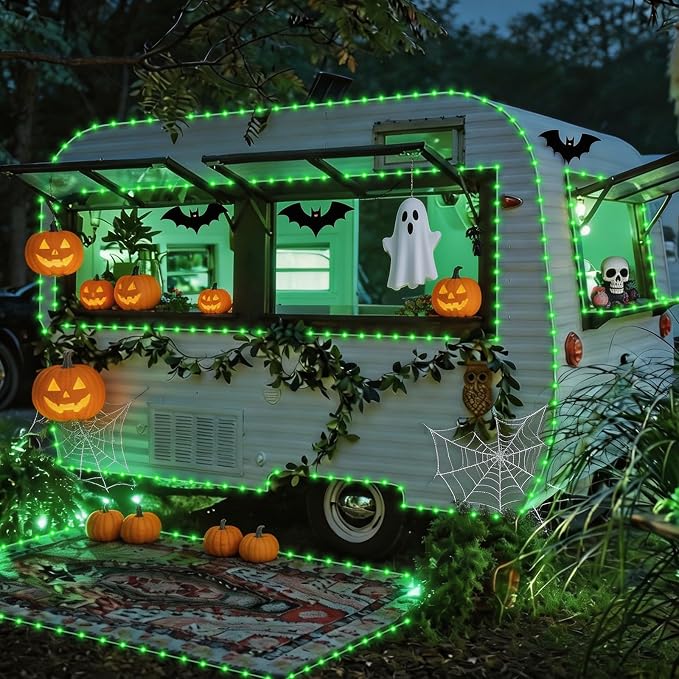 YEGUO Solar Halloween Lights, 2 Packs Each 33ft 100 LED String Lights Outdoor Waterproof, 8 Modes Fairy Lights in Clear Thin Tube for Camping Fence Patio Garden Trampoline Deck(Green)