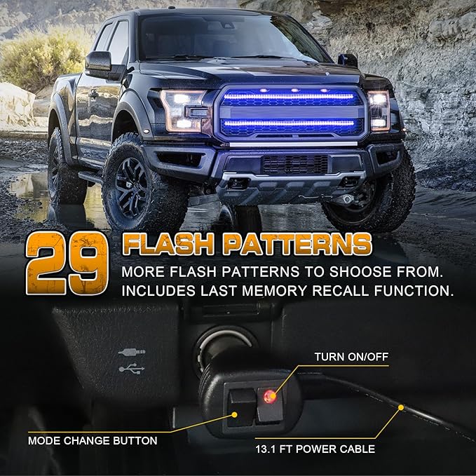 XRIDONSEN 2PCS 30 inch Blue Grill Emergency Lights Strip 360 LED Firefighter Police Lights Exterior Front/Rear Grille Strobe Flashing Warning Safety First Responder Lights for Vehicles Trucks Car