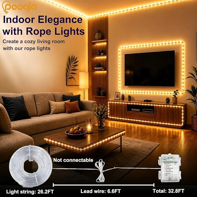 Rope Lights Outdoor, 2 x 100LED Warm White Battery String Lights | Rope Lights Outdoor with 8 Modes Remote&Timer, Waterproof Battery Operated Camping Lights for Car Trampoline