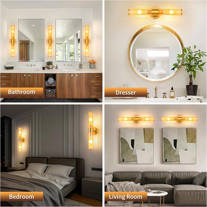 Morauroral Gold Battery Operated Wall Sconces Set of 2, Rechargeable Wall Lights with Remote Control, 20 Inch Modern Wireless Wall Lamp for Bedroom, Living Room with Amber Shade (Bulbs Included)