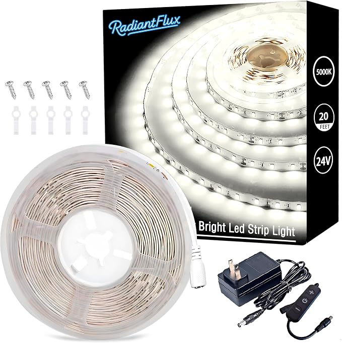 RadiantFlux Dimmable & Flexible 20Ft LED Strip Lights, 5000K Cool White, Bright Lighting Ideal for Living Room, Office & Under Cabinet