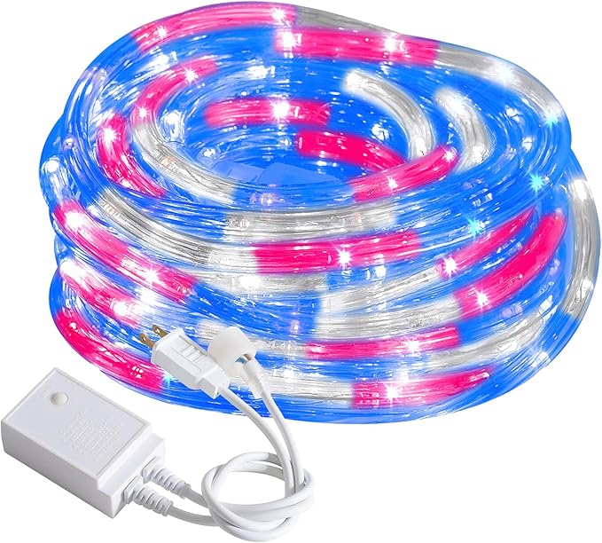 Waterproof LED Rope Lights, Connectable & Flexible with 8 Modes, Outdoor Lighting for Deck, Garden, Pool, Patio & Christmas Decor (Red/Blue/White, 20ft)