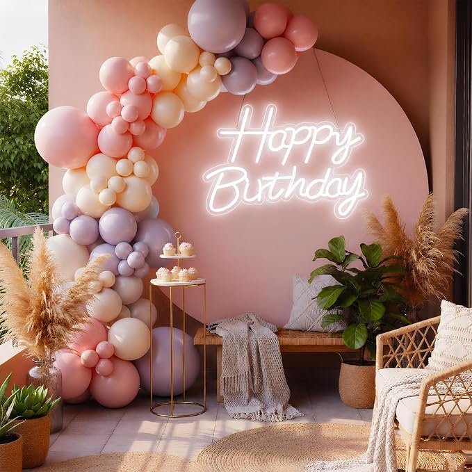22" x 14.5" Happy Birthday Neon Sign for Backdrop, LED Happy Birthday Light Up Sign, USB Powered Dimmable Neon Light for Birthday Party Decorations, Wall Decor, White
