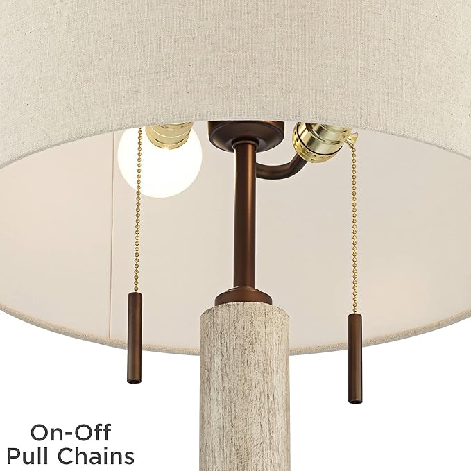 Franklin Iron Works Hugo 28 1/2" Tall Mid Century Modern Natural Cottage End Table Lamps Set of 2 USB Port Pull Chain White-Washed Wood Finish Oatmeal Shade Living Room Charging Bedroom Bedside
