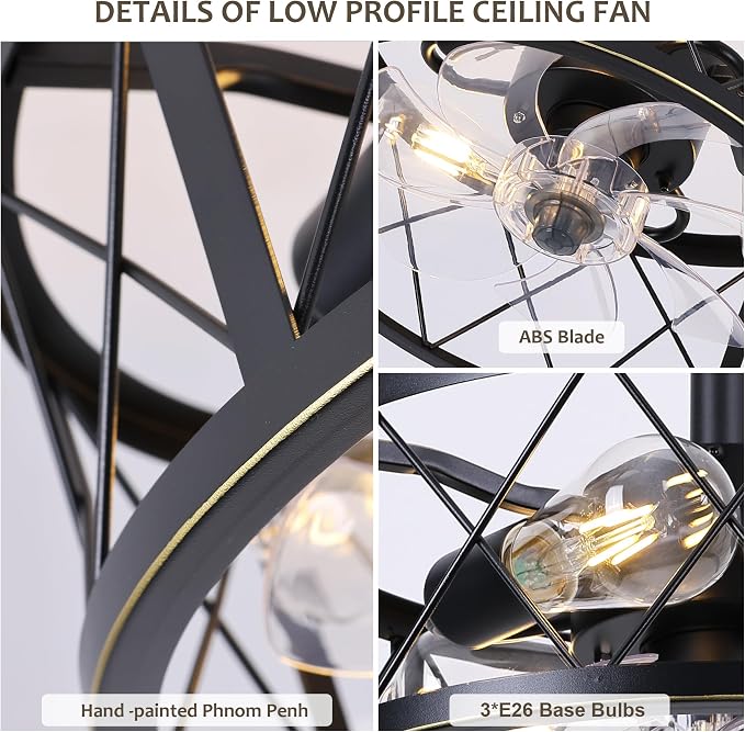 REDSTAR 15" Caged Ceiling Fans with Lights and Remote Flush Mount, Black Round Industrial Ceiling Fan Light Fixture, Small Bladeless Ceiling Fan for Bedroom, Kitchen, Indoor