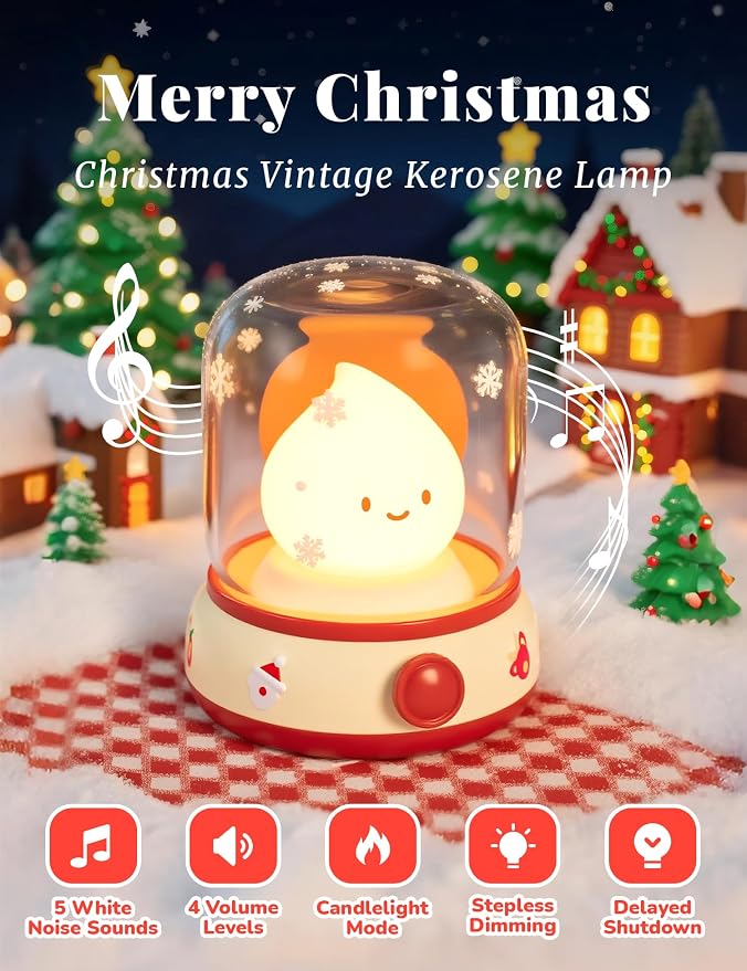 Christmas Flame Night Light, Cute Night Light with White Noise, Dimming, Rechargeable Portable Small Table Lamp, Best Idea for Christmas Gift Decor