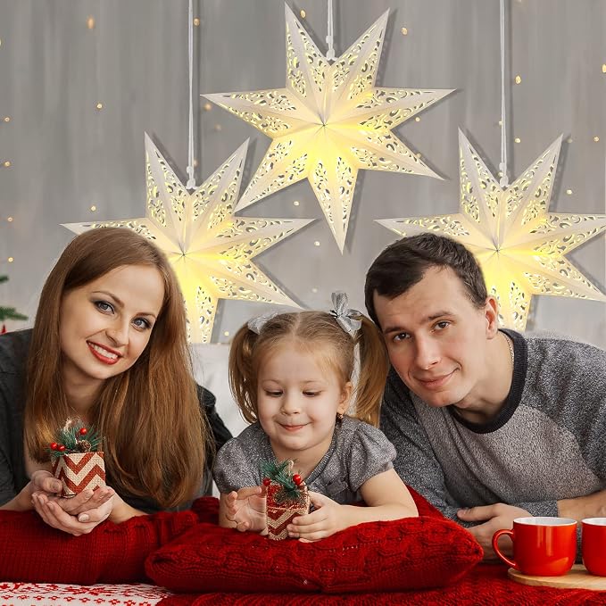 Kingdder Star Paper Lanterns Lampshade with LED Light 7 Pointed Moroccan Hollow out Stars Party Decoration for Weddings Christmas Tree Birthday, 20 Inches(Warm Yellow)