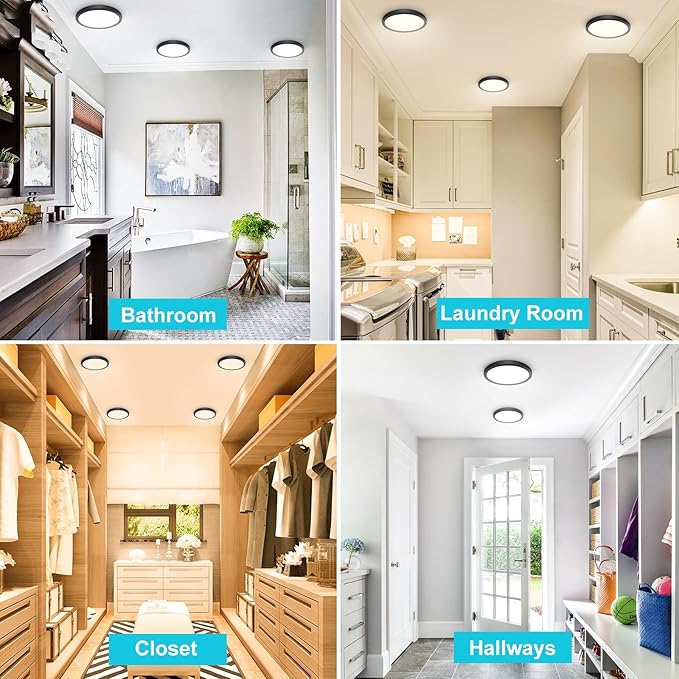 libtit 6Pack 7 inch Flush Mount Ceiling Light - 15W 1500Lm Surface Mount LED Light Fixture,3000k/4000k/6500k Color Selectable, Black Thin Flat Round LED Lamp for Bathroom Kitchen Laundry