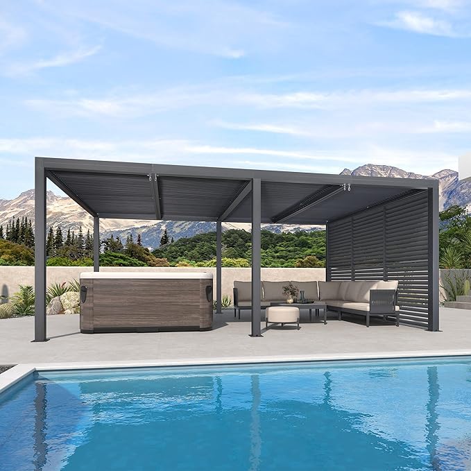PURPLE LEAF Louvered Pergola 12' x 20' 94AS w/ 1W Side Shutter Wall Grey | Four Adjustable Roofs, Rainproof System, Reinforced 5.12-Inch Beams, Plus Privacy Shutters For Seclusion, Taller Design