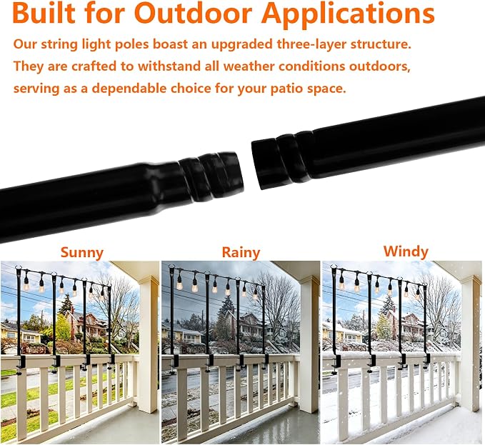 Patio Light Poles for String Lights, 4FT 8 Pack Deck Poles for String Lights with Fence-Friendly Clamps, String Light Poles for Deck Railing Clamp Mount, Metal Hanging Posts for Backyard Garden Bistro