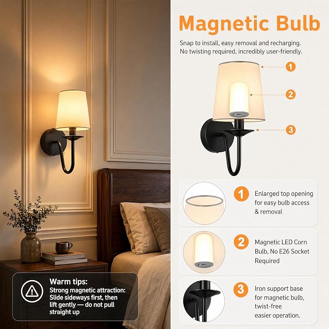 Rechargeable Wall Sconces Set of 2, 10000mAh Magnetic LED Bulb Wall Lights, 9 RGB Colors 3 CCT Dimmable, Battery Operated Cordless Wall Scone Lamp for Bedroom Living Room Home Decor