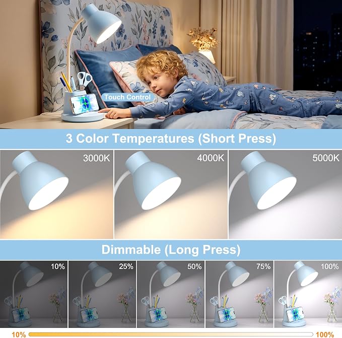 10W Wireless Charging LED Desk Lamp with Pen Holder, CRI 95, Blue | 800LM, 3 Modes, 360°Flexible Arm, Touch, Brightness, Table Lamp for Home Office, Dorm, Bedside, Study, Reading, with Adapter