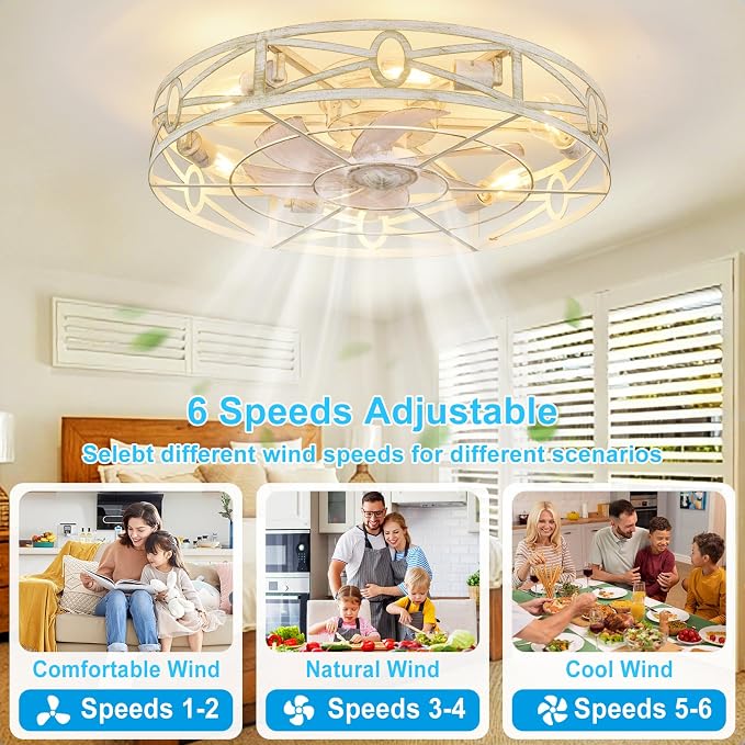 Depuley Flush Mount Ceiling Fan: 24" Caged Ceiling Fans with Remote Control for Patio Kitchen Bedroom - Low Profile Fandelier Lights Fixture Reversible 6 Speed Timer Cement 6*E26 Bulb Not Included