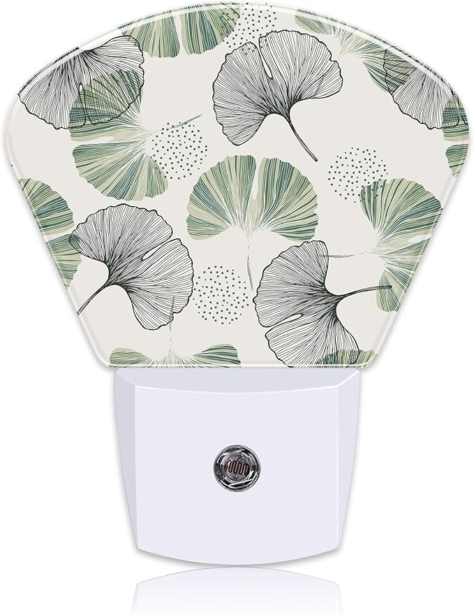 Elegant Ginkgo Leaves Night Light Plug into Wall, Green Ginkgo Night Light with Dusk to Dawn Sensor for Kid Girls Boys Women Men Bedroom, Hallway, Kitchen, Bathroom, Stairs Decor