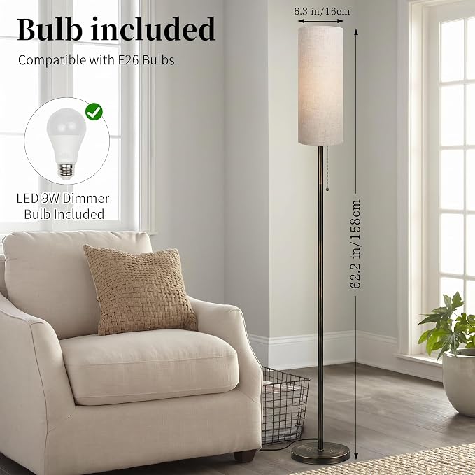Ldeco Floor Lamp for Living Room Modern Standing Lamps with Lampshade Minimalist Tall Lamp with Switch Ajustable Color for Bedroom Reading LED Bulb Included Gold Black Brushed Body+Beige Shade