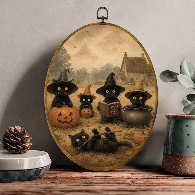 Witch Cat Pumpkin Oval Wall Art, Framed Canvas Decor, 8.5x11.5 Inch | Black witch cats, pumpkin, cauldron, broom and spell book, vintage Halloween decor