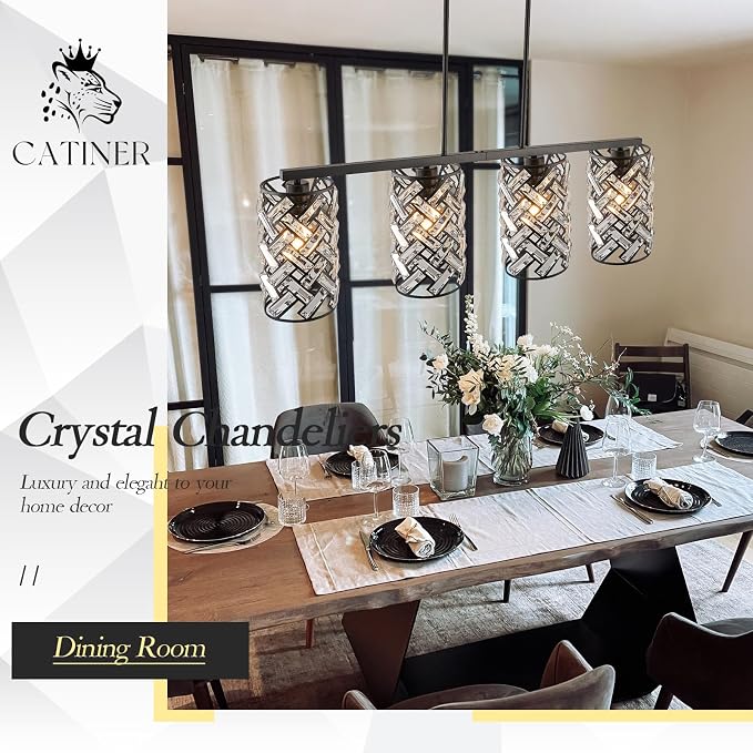 CATINER 40" Black Crystal Linear Chandelier, 4-Light Kitchen Island Pendant | 40-inch black crystal linear chandelier with adjustable height, 4 E26 lights, dimmable for kitchen islands and dining rooms