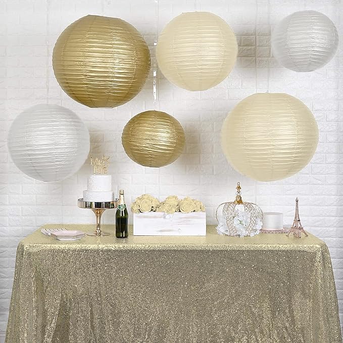 UNIQOOO 18PCS Metallic Gold Paper Lantern Wedding Decoration Set, Assorted Hanging Gold Japanese Paper Lantern, Reusable Easy Assemble, For New Year Christmas Birthday Baby Shower Party Favor Supplies