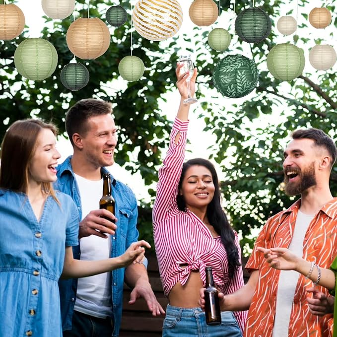 16-Pack Chinese Paper Lanterns, Sage Green Brown Party Decorations | 4/6/8/10/12-Inch Hanging Lanterns with Olive Leaf and Foil Stripes for Jungle Themes, Birthdays, Weddings and Baby Showers