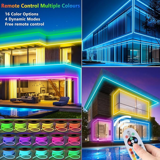 50FT RGB Neon Rope Lights with Remote,120V ETL Led Strip Lighting,Expandable Commercial Grade IP65 Waterproof Plug-in Led Rope Lights with Dimmable Power Adapter for Outdoor,Indoor Using