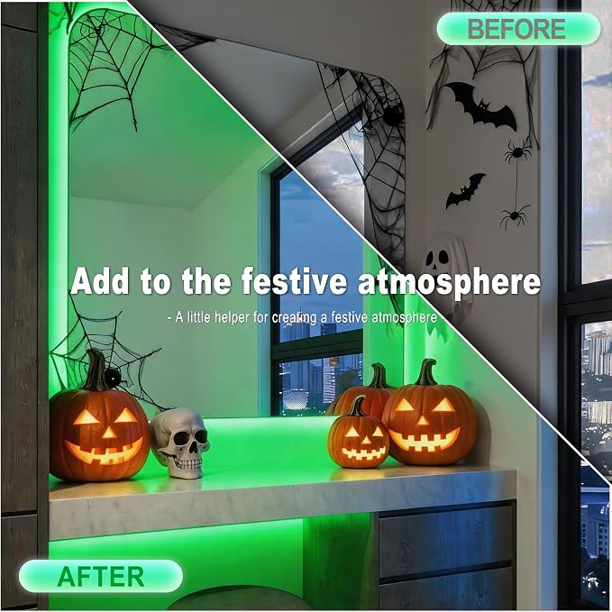 Green Led Lights Strip Halloween Decor 50 FT Indoor Rope Lights Easy DIY Cuttable Strip Lights for Room Bathroom Living Room Kitchen Ceiling Wall Vanity Mirror Decor