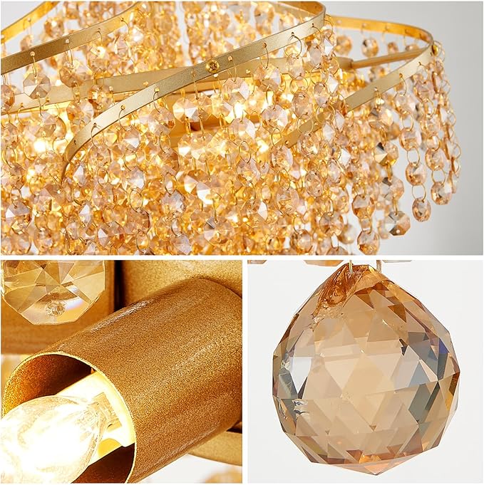 WUZUPS Golden-Hued Crystal Chandelier Pendant Flushmount Ceiling Light Modern Lighting Fixture for Bedroom Hallway Bar Kitchen Bathroom, H 20.1" x W 14.7", Gold, G9 Base
