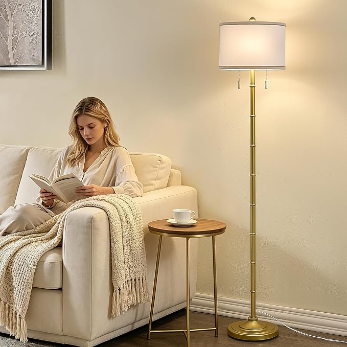 Upgraded 2-Light Mid Century Modern Glod Floor Lamp for Living Room | 63.5'' Tall Floor Lamp with 3 Color Temp Bulbs, Living Room Lamp with Chain Switch, Standing Lamp for Bedroom, Office, Corner