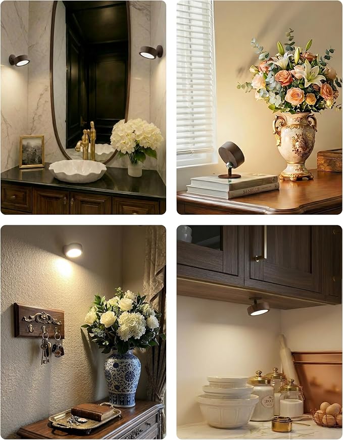 EZVALO LED Wall Mounted Light, 3000mAh Rechargeable Cordless Wall Sconce, Dimmable with Remote & Touch Control, 3 Color Temps, 360° Rotatable for Bedroom, Bedside, Reading(Walnut, 2Pack)