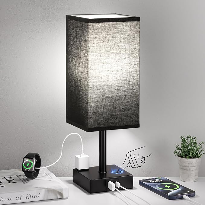 Black Bedside Table Lamp for Bedroom - Dimmable Touch, USB C+A, AC Outlet | 3-Way Dimming, 5000K Daylight Bulb Included, Nightstand Lamp with Square Linen Shade, Small Room Decor for Men, Boys, Desk