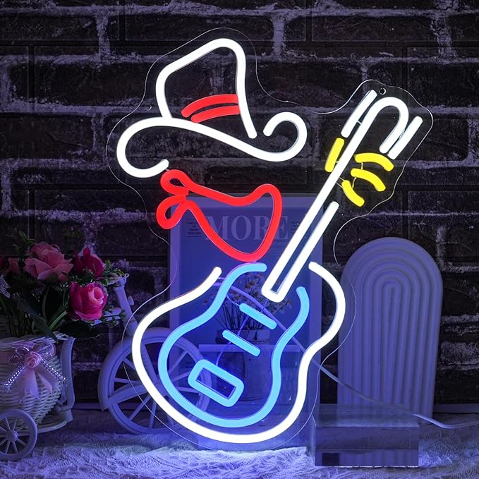 Cowboy Hat Neon Sign for Wall Decor Guitar Neon Light Beer Bar Sign Music Neon Signs LED Sign Neon Lights for Wall Art LED Neon for Home Bar Pub Shop Party Bar Led Sign(16.5"*12.9")
