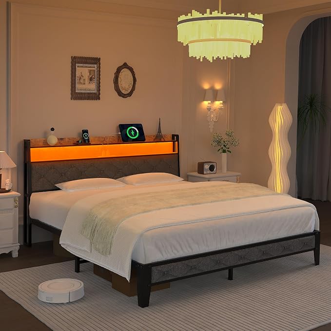 Winkalon Full Bed Frame with Ergonomic Headboard, Platform Bed Frame with RGB Lights, Outlets & Charger, Fast Assembly Bed Full Size, Modern Wood Upholstered Headboard,Gray