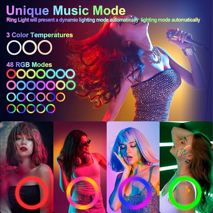 10" Selfie Ring Light with 73" Tripod Stand & 1 Phone Holder, LED Camera Ringlight with 48 RGB Colors Modes & Musical Rhythm Mode and 12 Brightness Dimmable for TikTok/Makeup/Photography/Vlog