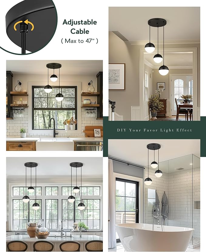 Mid Century 3-Light Cluster Pendant Lights, Matte Black Kitchen Island Light Fixtures with White Globe Glass Shade, Adjustable Hanging Light for Home Office Bathroom Dining Room, LMS-186BK3