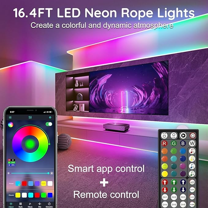 100FT LED Neon Rope Lights Waterproof with Smart App Control Remote,DIY Scene Modes,Music Sync hronization,Eaves Lights for Garden Decor,Deck,Christmas