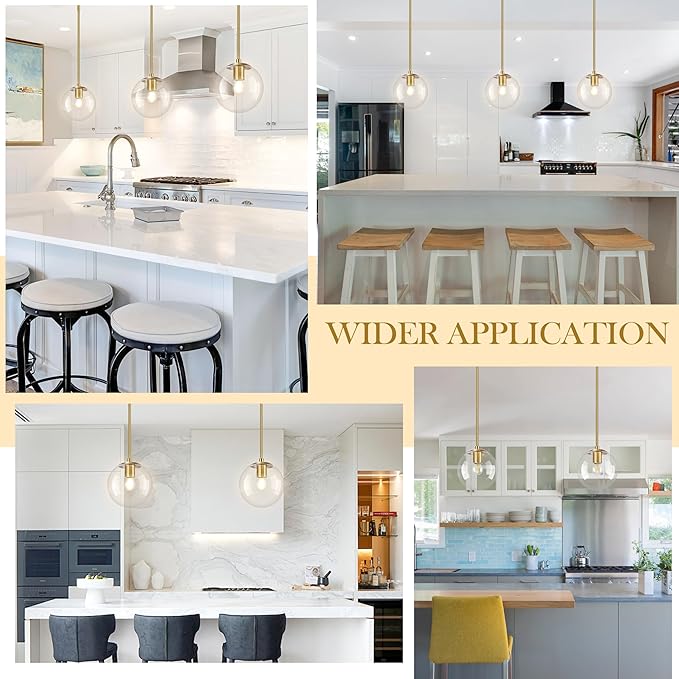8" Globe Pendant Light Gold 2 Pack Mid Century Pendant Light Globe Pendant Lights Kitchen Island Brushed Brass Finished with Clear Glass Adjustable Ceiling Light Fixtures for Dining Room Bar