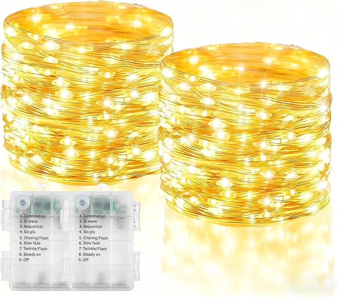 2 Pack Fairy Lights Battery Operated, 200 LED 66Ft Silver Wire Twinkle String Light 8 Modes Auto Timer Mini Christmas Fairy Lights for Bedroom Wedding Decor (Warm White)