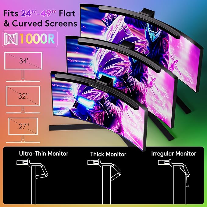 Quntis 17.7'' Curved Monitor Light Bar RGB Backlight with Music Sync, Black | Gaming & Home Office, Ra95 Eye-Care, 23 RGB Effects, Touch & Remote Control, 17–34" Curved & Flat Monitors, Webcam Compatible
