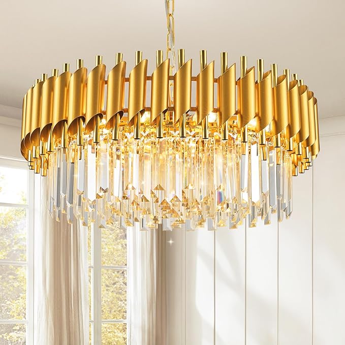 Gold Crystal Chandelier Round Chandeliers – 24" with 5-Tier Sparkling K9 Crystals, Chandeliers for Dining Room Living Room Bedroom Foyer