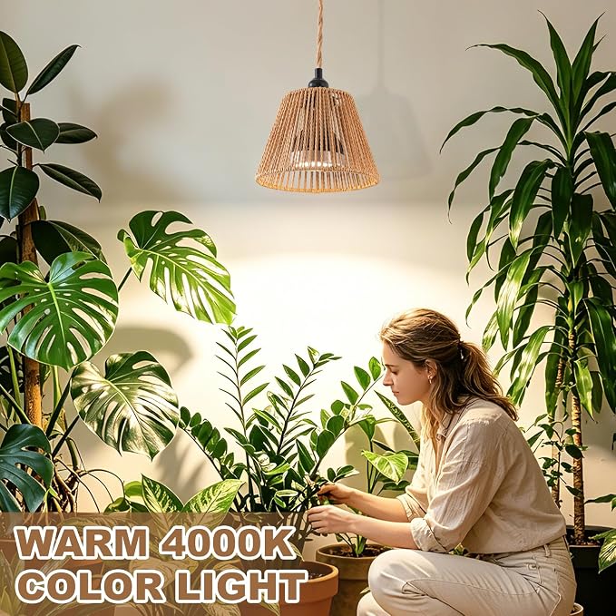 Hanging Grow Light, 30W LED Lamp with Timer for Indoor Plants | 4000K LED plant lamp with 15 ft cord, outlet timer, and boho paper rope shade for succulents, herbs, and low-light rooms.