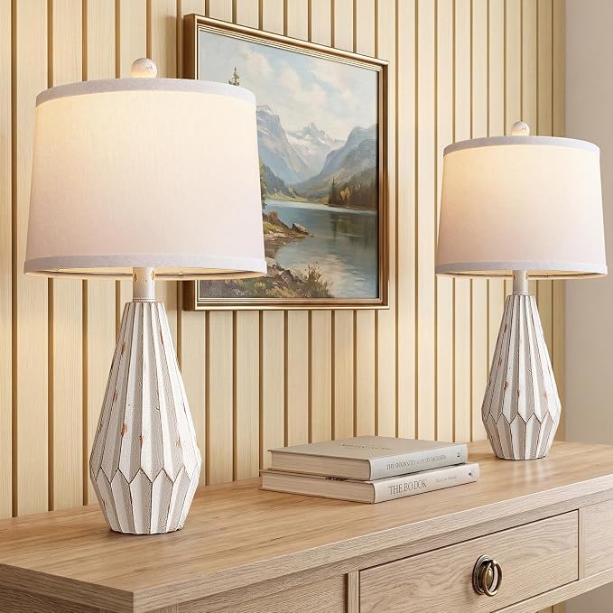 Hamucd Set of 2 Modern Farmhouse Lamp for Living Room, Beige Rustic Resin Beside Table Lamps with Linen Shade, Vintage Lamps for Nightstands Bedroom Entryway Decor