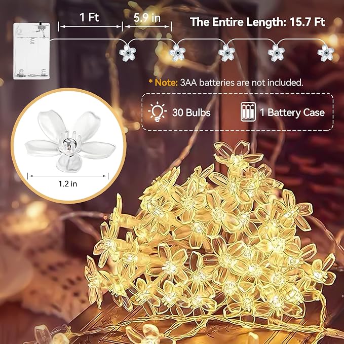 Flower Fairy Light Battery Operated Indoor String Lights 30LED Cherry Blossom Lights Waterproof Decoration for Christmas,Camping,Garden Fence,Birthday,Terrace,Yard,Wedding Party,Bedroom