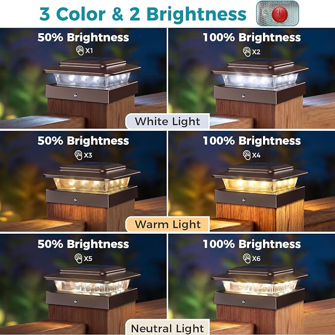 kolpop 4x4 Solar Post Cap Lights Outdoor 16Pack- 3 Color Temperatures&2 Level Brightness, IP65 Waterproof, 16 LED Fence Deck Post Light Solar Powered Only for 4×4/3.5×3.5 Wood/Vinyl Posts(Brown)