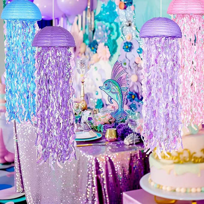 10" Mermaid Jellyfish Lanterns – Pink Purple Blue Decorations for Mermaid Birthday Party, Under the Sea Theme, Baby Shower, Ocean & Beach Room Hanging Decor (Set of 6)
