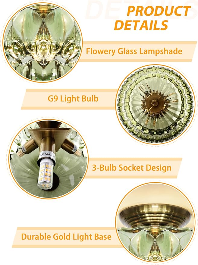 11" Semi-Flush Mount Ceiling Light,3-Bulb Green Glass Hallway Light Fixture | OYKYOHEI Indoor Lighting,Gold Close to Ceiling Light for Bathroom Dining Room Kitchen Foyer Laundry Decor,Easy Install
