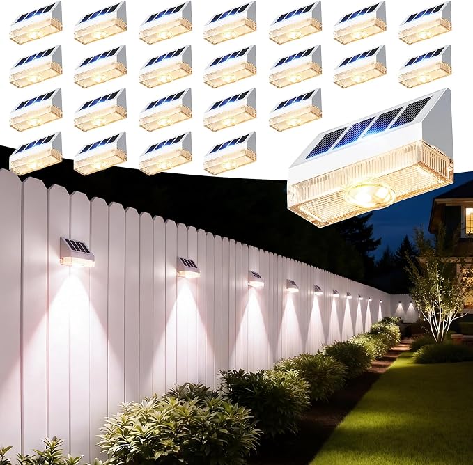 VOLISUN White Fence Lights, Dusk to Dawn Solar Fence Lights Outdoor Waterproof with Warm White LED Spot Lens, Solar Light for Fence, Yard, Wall, Backyard, Railing, Deck, and Patio, 24 Pack